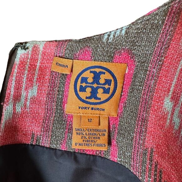 Tory Burch Linen Ikat Print Dress Size 12 Sheath Sleeveless Metallic Thread - Picture 7 of 9